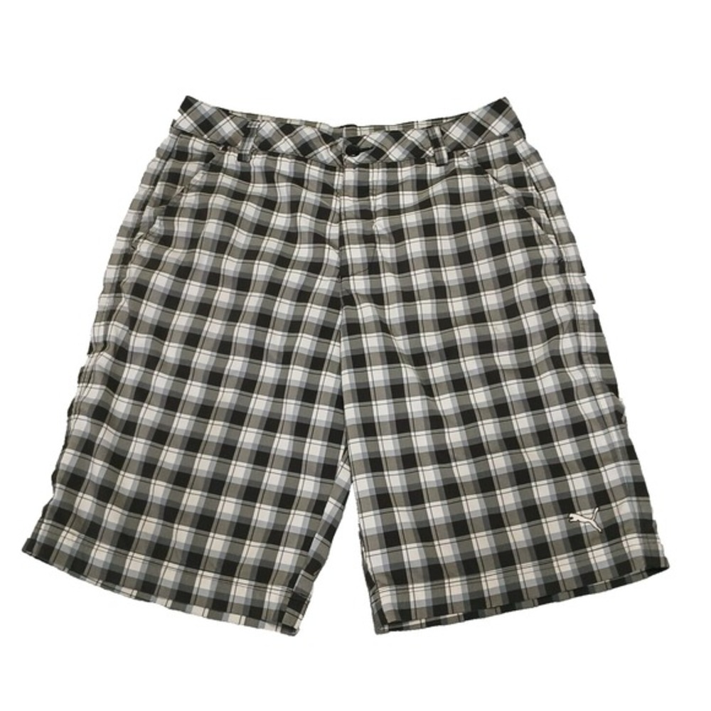 Puma Men's Black Gray Plaid Shorts Sport Lifestyle Golf Casual Chino Size 32